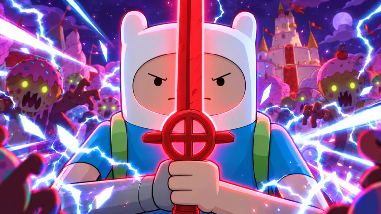 Finn holding a red sword while candy enemies surround a pink castle